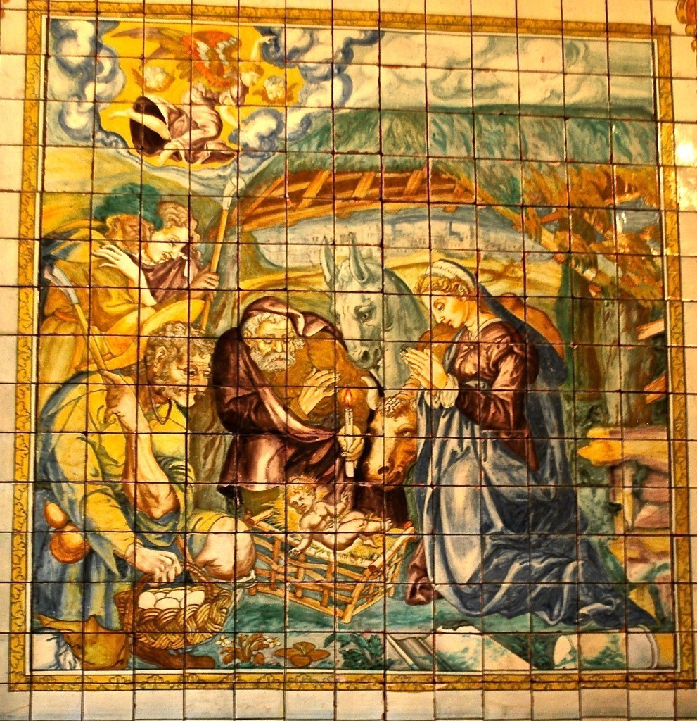 Tile in National Tile Museum in Portugal, depicting the birth of Christ