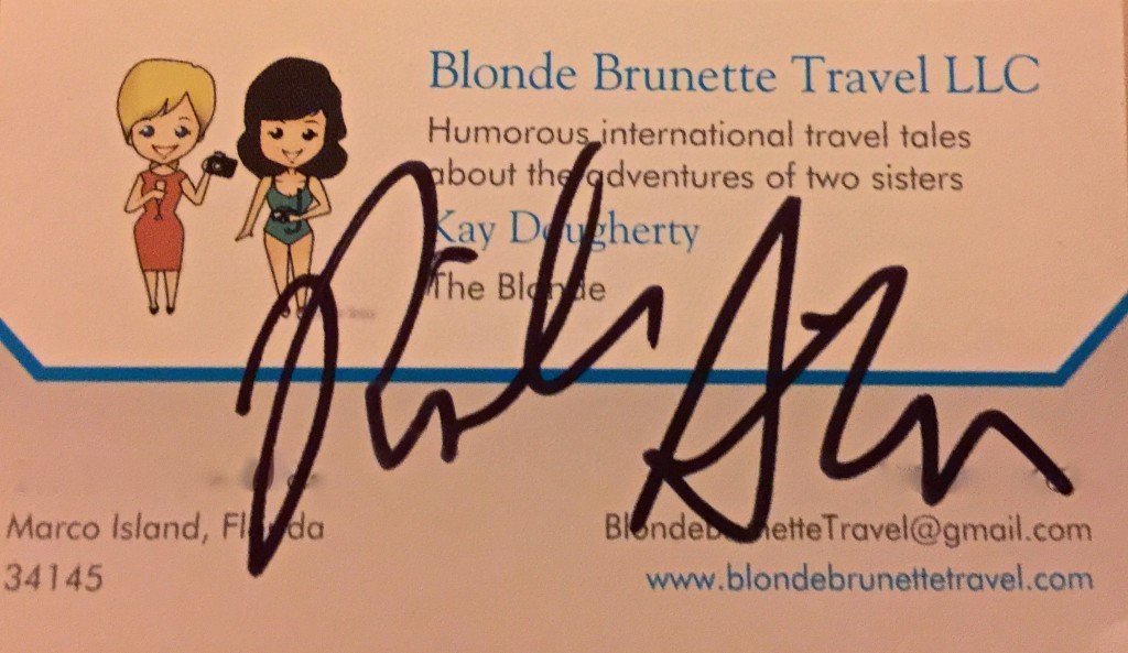 Rick Steves signature on a BlondeBrunetteTravel business card